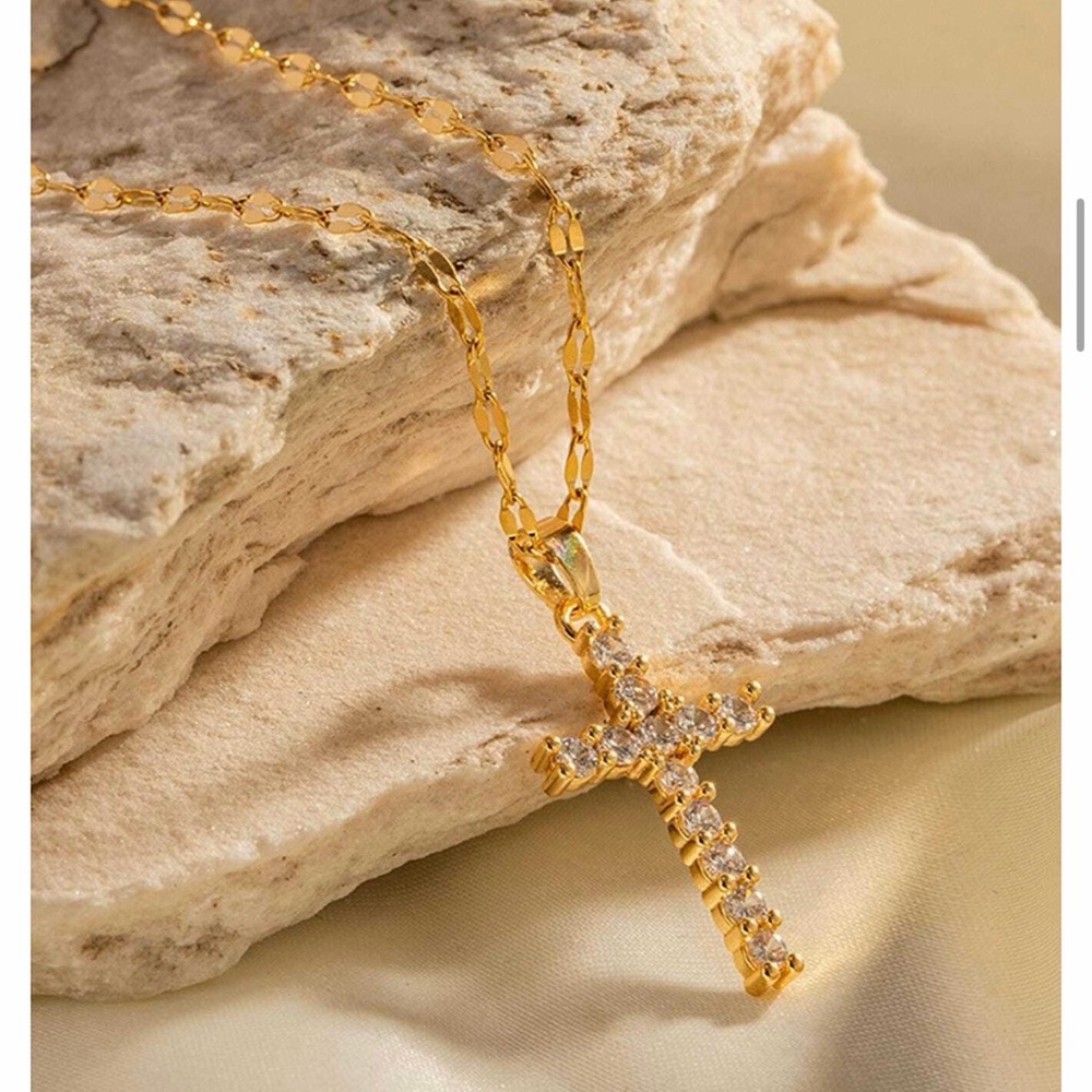 Gold Cross Pendant Necklace with Cubic Zirconia - Women - Picture 6 of 7